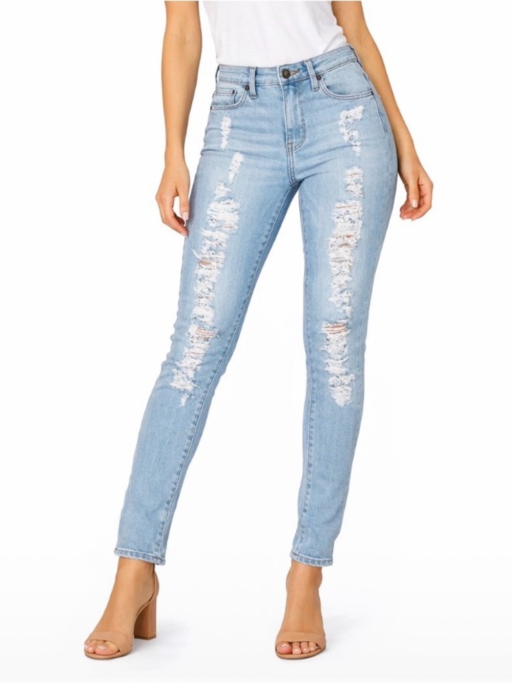 Pretty Little Thing light wash skinny semi-stretch distressed holy jeans SZ 8